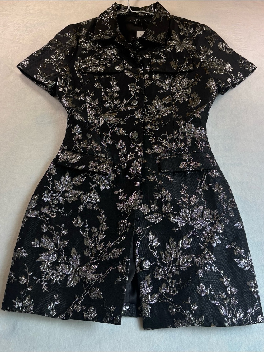Elevated Style Fore Black Metallic Floral Short-Sleeve Button Front Dress